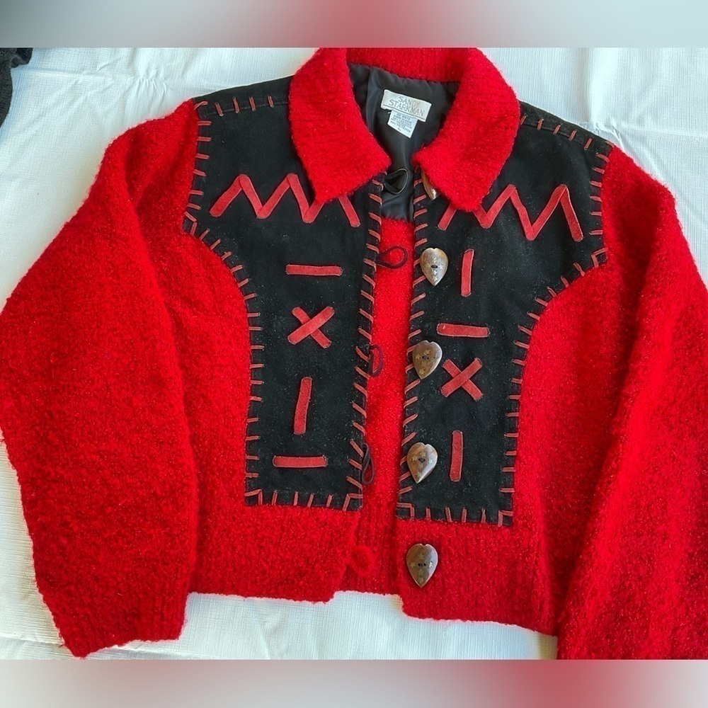 Sandy Starkman sweater. Size L. Red chunky knit and leather accents.